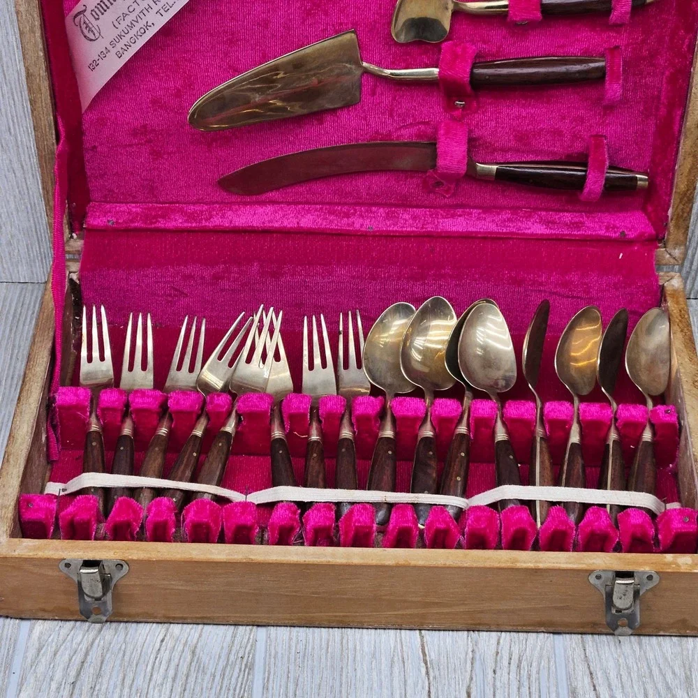 Vtg Tommy's Gems Bangkok Thailand Bronze Wood Flatware Dessert Set 19pc Case